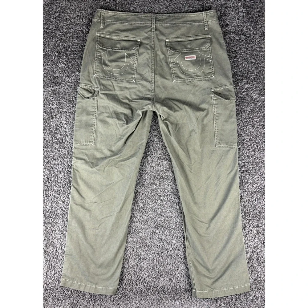 True Religion Mens Cargo Pants Olive Green Straight Leg Contrast Stitch Size 34